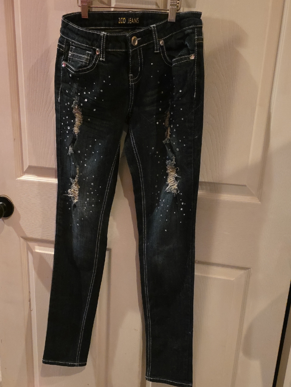 Y2k Women's Dark Blue Distressed Slim Jeans with Rhinestone Accents